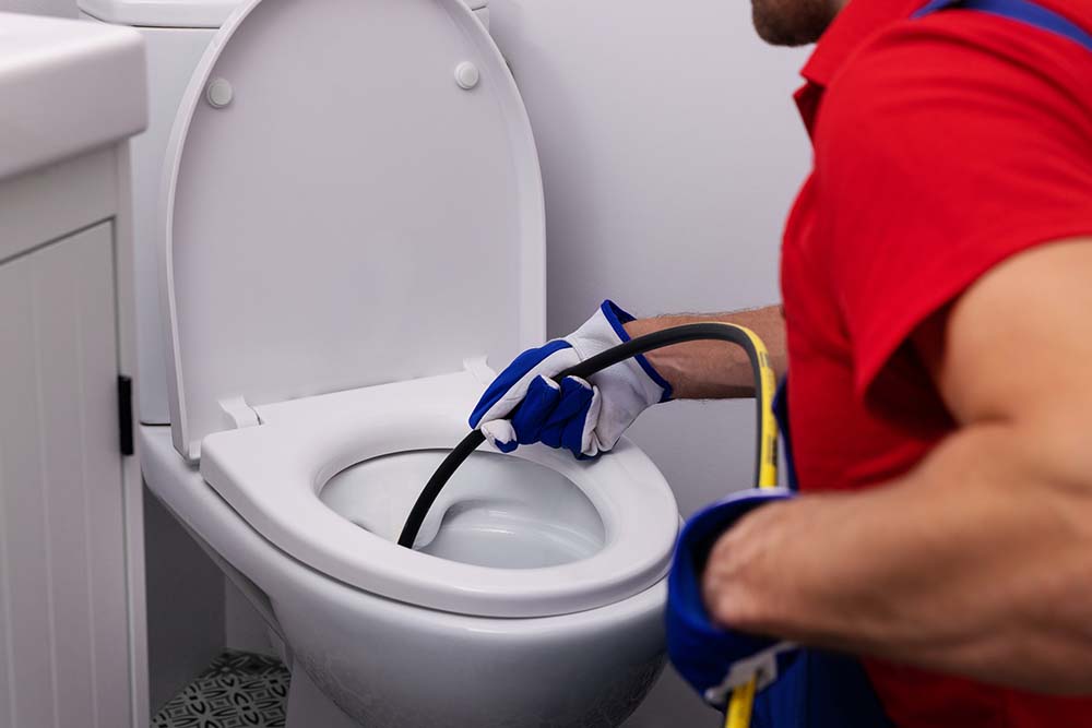 Plumber worker unclogging blocked toilet with hydro jetting at home bathroom. sewer cleaning service